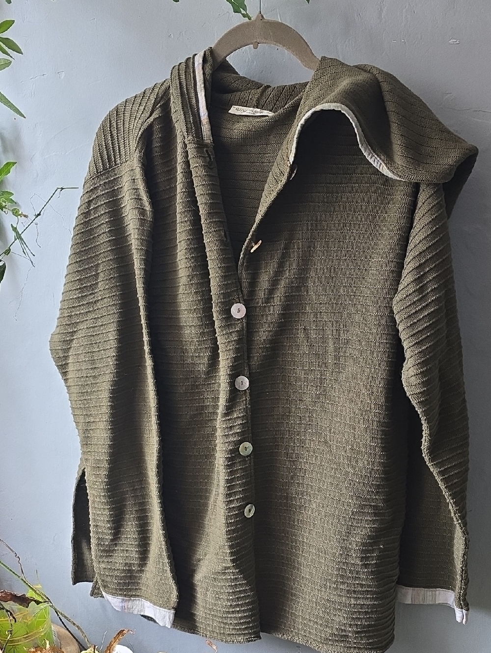 Margaret Winters Ribbed Olive Hoodie Cardigan Sweater Lagenlook Oversize Sz: M